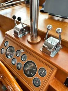 Its About Time Yacht Photos Pics 1996 Grand Banks Classic yacht dashboard with gauges and controls.