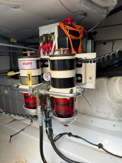 Luna Yacht Photos Pics Engine room of 2014 Azimut Atlantis 45 with fuel filters and wiring.