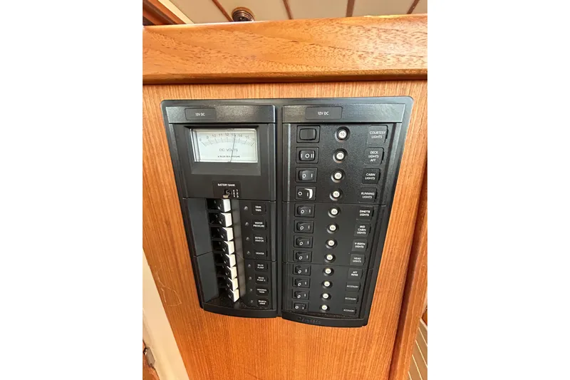  Yacht Photos Pics Electrical panel on 2017 Ranger Tugs R-31 CB boat, featuring switches and voltage meter.