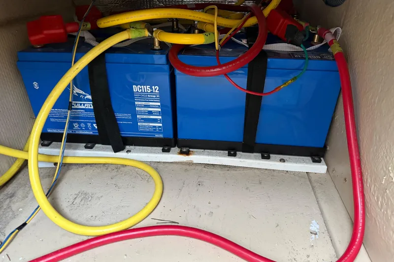  Yacht Photos Pics Battery compartment of 2017 Ranger Tugs R-31 CB with cables and deep cycle batteries.