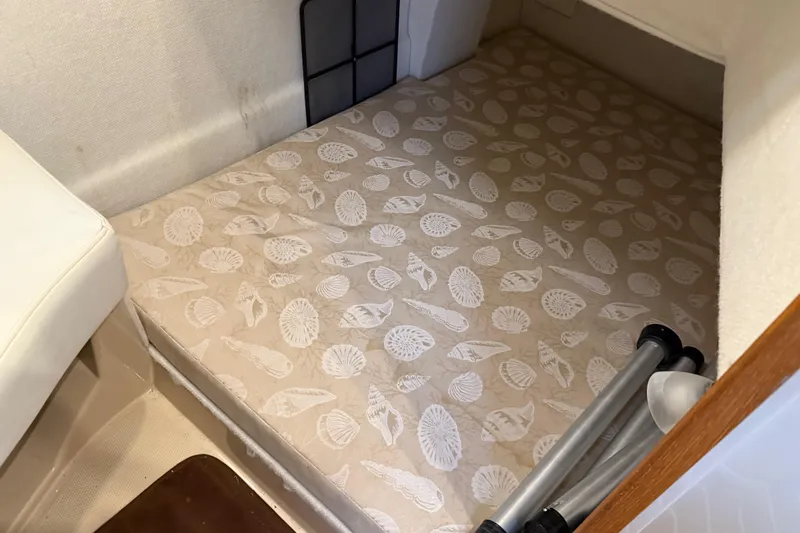  Yacht Photos Pics 2017 Ranger Tugs R-31 CB cabin interior with patterned mattress and storage space.