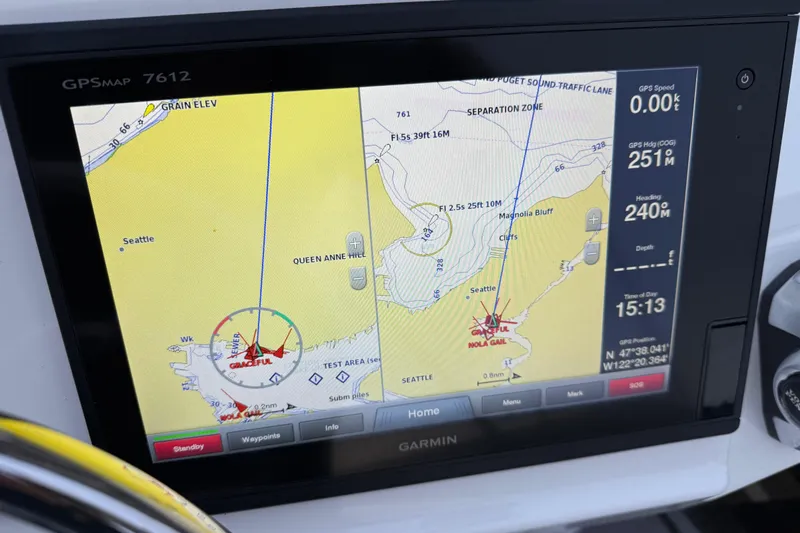  Yacht Photos Pics Garmin GPS display on 2017 Ranger Tugs R-31 CB, showing Seattle navigation map.