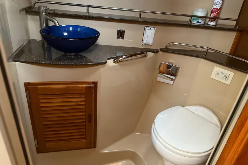  Yacht Photos Pics 2017 Ranger Tugs R-31 CB bathroom with blue vessel sink and compact toilet.