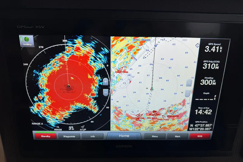  Yacht Photos Pics Garmin GPS display on 2017 Ranger Tugs R-31 CB, showing radar and navigation data.