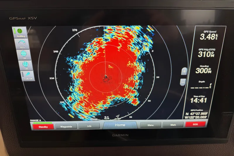  Yacht Photos Pics Garmin GPS display on 2017 Ranger Tugs R-31 CB, showing radar and navigation data.