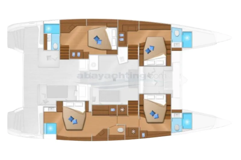  Yacht Photos Pics Floor plan of a 2019 Lagoon 52 S catamaran, featuring cabins and bathrooms.