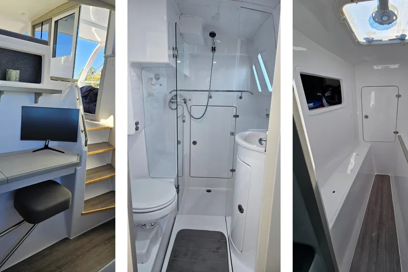  Yacht Photos Pics Interior of 2022 Seawind 1160 Lite yacht featuring workspace, bathroom, and storage area.