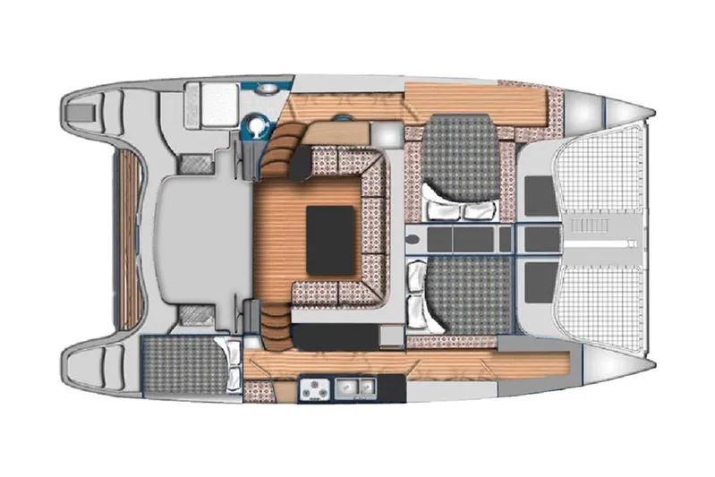  Yacht Photos Pics Floor plan of a 2022 Seawind 1160 Lite catamaran, featuring cabins and living areas.
