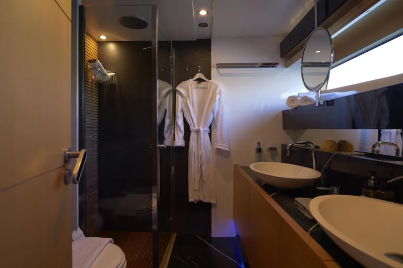  Yacht Photos Pics Luxurious bathroom on 2010 Canados 90 yacht with modern fixtures and elegant design.