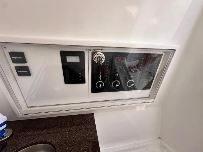 Yacht Photos Pics Control panel of a 2017 Custom Carolina Center Console boat with Raymarine electronics.