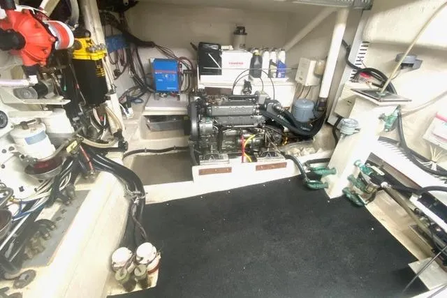 Ten Sigma (formerly Recently Korkzcrew) Yacht Photos Pics Engine room of a 2008 Great Harbour N37 boat, showcasing mechanical components and equipment.