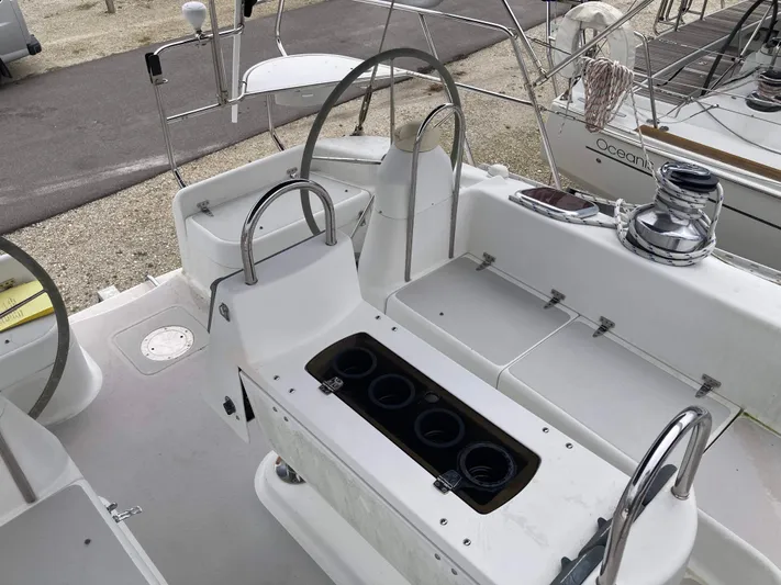  Yacht Photos Pics Cockpit of 2008 Catalina 470 sailboat with steering wheels and winch.