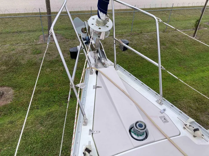  Yacht Photos Pics Bow view of a 2008 Catalina 470 sailboat, showcasing deck and rigging details.
