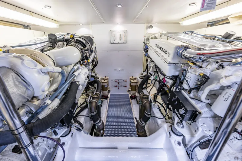 Kolokea Yacht Photos Pics Engine room of 2001 West Bay 58 yacht, featuring dual Series 60 engines.