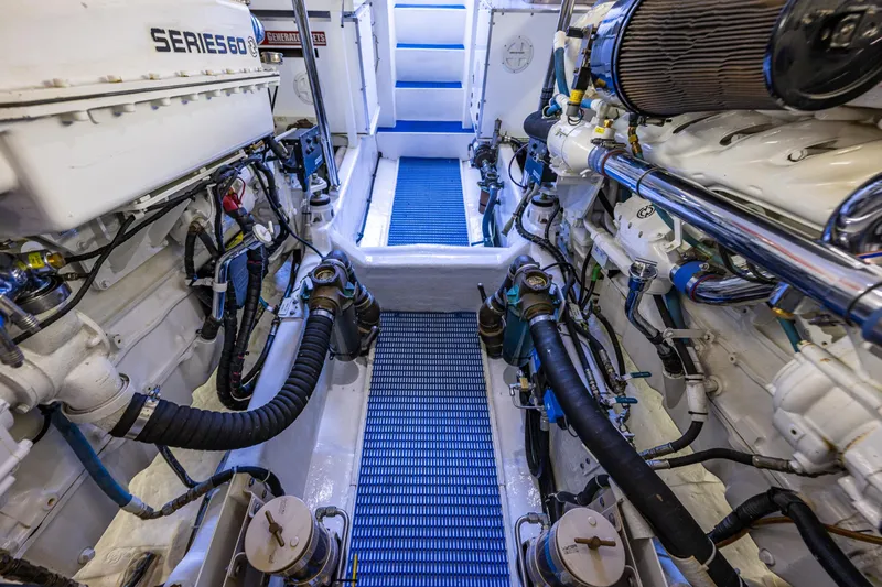 Kolokea Yacht Photos Pics Engine room of a 2001 West Bay 58 yacht, featuring Series 60 engines.
