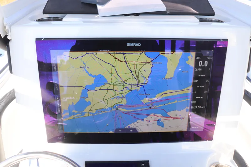  Yacht Photos Pics Simrad navigation display on 2021 Costa Custom Boats 26, showing detailed marine map.