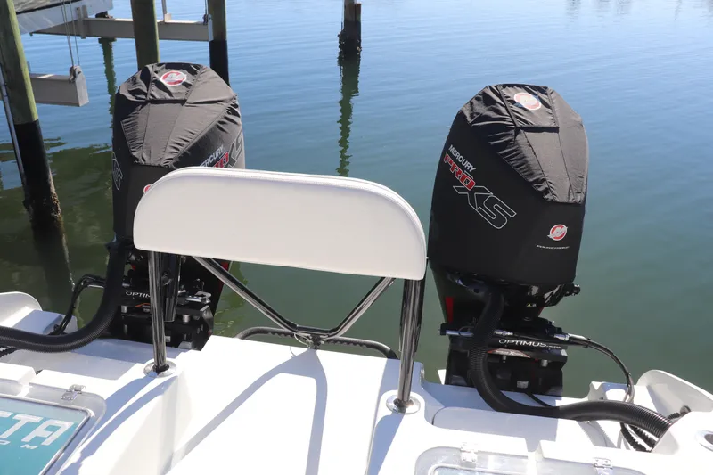  Yacht Photos Pics 2021 Costa Custom Boats 26 with dual Mercury Pro XS engines at dock.