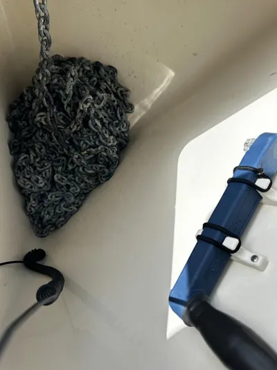  Yacht Photos Pics Anchor chain and equipment on a 2020 Boston Whaler 325 Conquest boat.