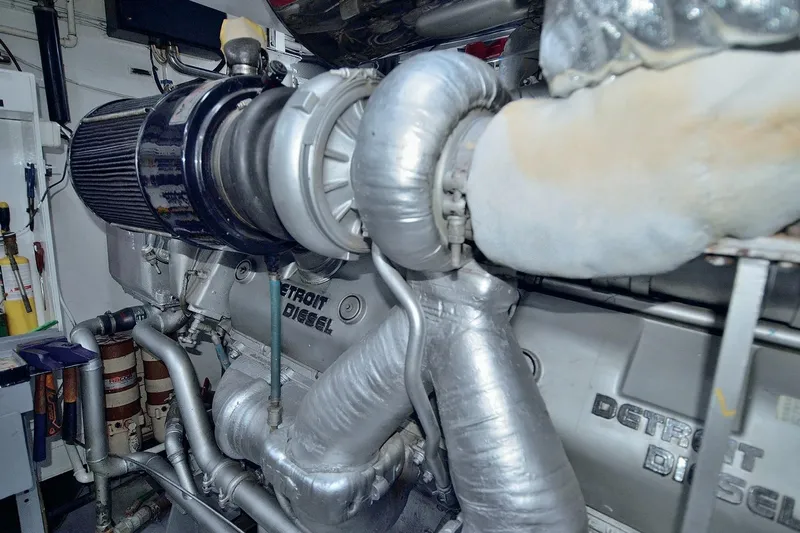 Madame Thelma Yacht Photos Pics Engine room of 1975 CRN Ancona Navetta 40 yacht with Detroit Diesel engine.