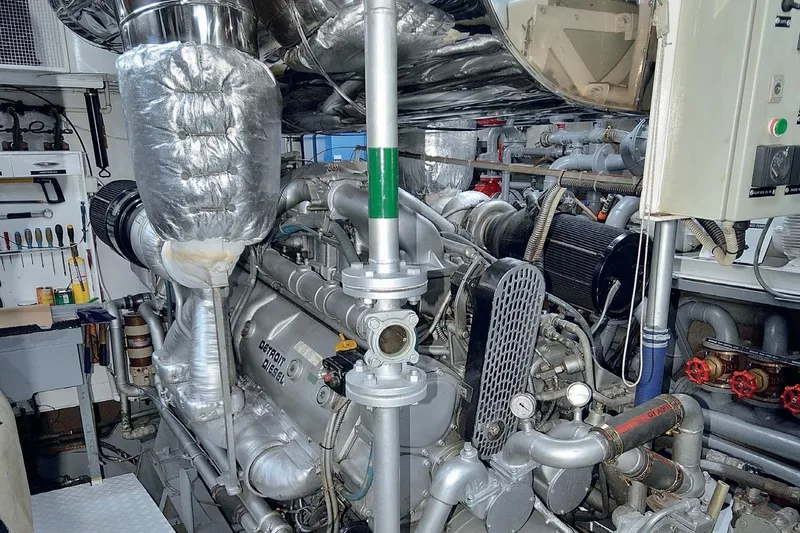 Madame Thelma Yacht Photos Pics Engine room of 1975 CRN Ancona Navetta 40 yacht with Detroit Diesel engine.