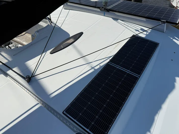 Benevah Yacht Photos Pics Fountaine Pajot Lipari 41 catamaran deck with solar panels, 2013 model.