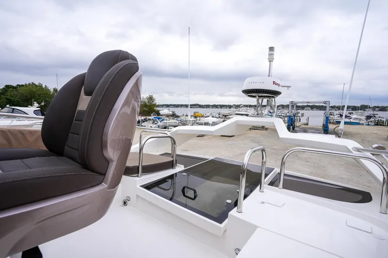  Yacht Photos Pics 2017 Galeon 43 SKY yacht deck with seating, overlooking marina.