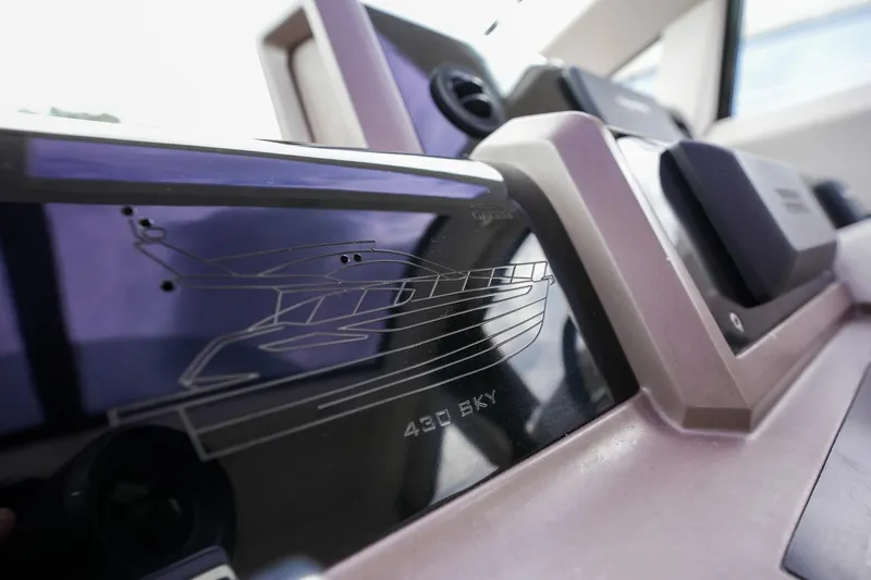  Yacht Photos Pics Close-up of 2017 Galeon 43 SKY yacht dashboard with model engraving.