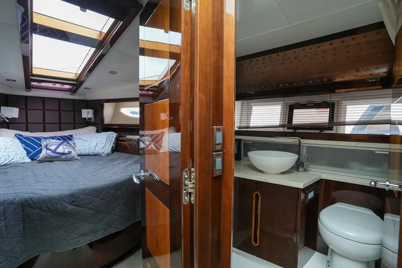  Yacht Photos Pics Luxurious interior of 2017 Galeon 43 SKY yacht with bedroom and bathroom.