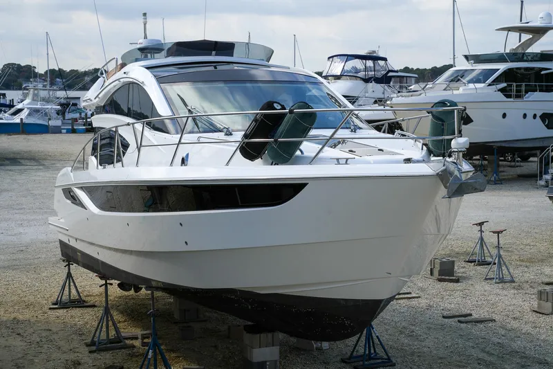  Yacht Photos Pics 2017 Galeon 43 SKY yacht on stands at a marina.
