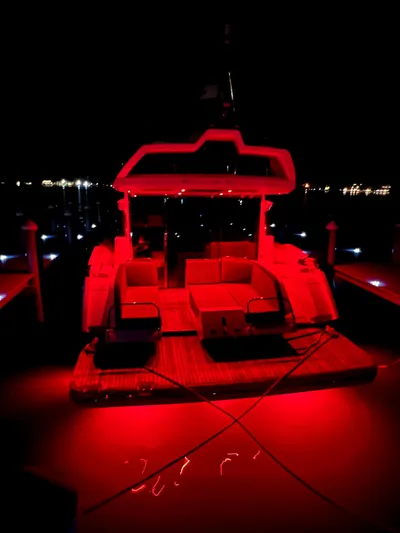  Yacht Photos Pics Galeon 43 SKY 2017 yacht illuminated with red lights at night.