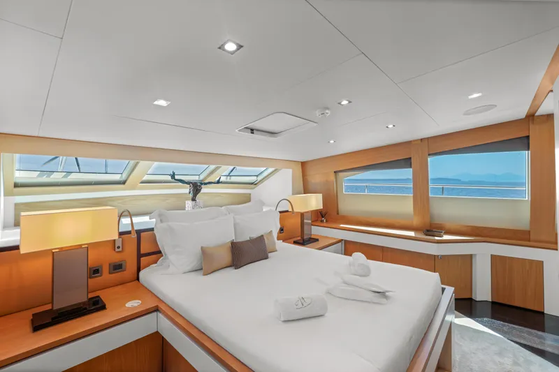 Millesime Yacht Photos Pics Luxurious bedroom interior on 2020 Guy Couach 3700 Fly yacht with ocean view.
