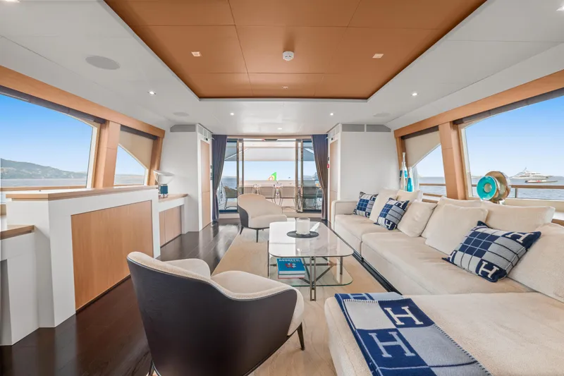 Millesime Yacht Photos Pics Luxurious interior of 2020 Guy Couach 3700 Fly yacht with elegant seating and panoramic windows.