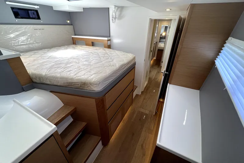 Polpo Yacht Photos Pics Luxurious interior of 2025 Balance 482 yacht with modern bedroom design.