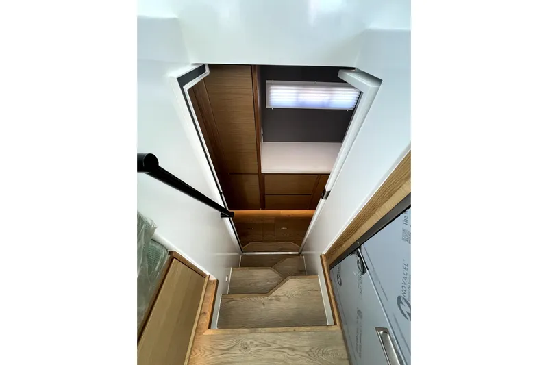 Polpo Yacht Photos Pics Staircase in Balance 482 model, 2025, featuring wooden steps and modern design.