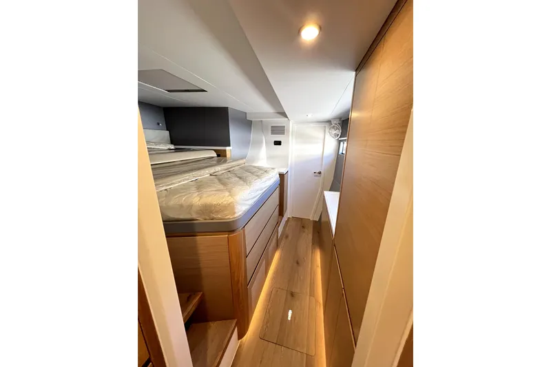 Polpo Yacht Photos Pics Modern cabin interior of Balance 482 yacht, featuring sleek wood finishes and ambient lighting, 2025 model.