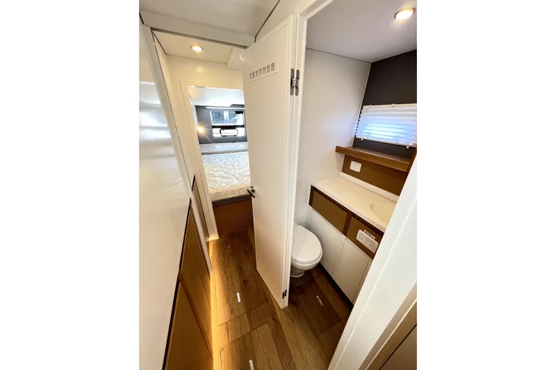Polpo Yacht Photos Pics Modern RV interior with compact bathroom and bedroom, Balance 482 model, 2025.