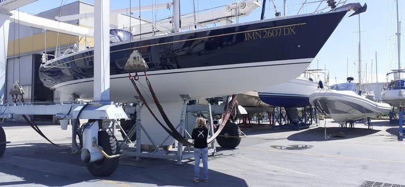 "acamar Iii" Yacht Photos Pics Grand Soleil 45 German Frers yacht from 1992 on a trailer in a boatyard.