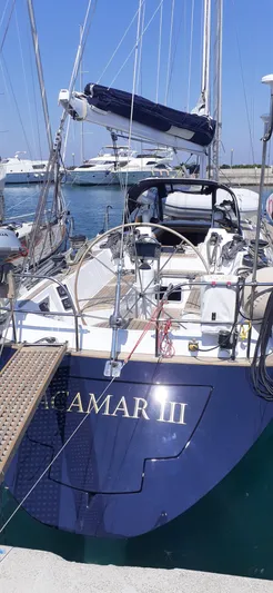 "acamar Iii" Yacht Photos Pics Sailing yacht Grand Soleil 45 German Frers, 1992, docked in a marina.