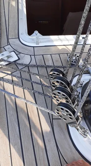 "acamar Iii" Yacht Photos Pics Deck of 1992 Grand Soleil 45 German Frers yacht with rigging and pulleys.