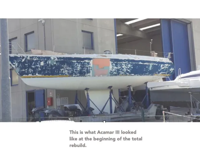 "acamar Iii" Yacht Photos Pics Grand Soleil 45 German Frers 1992 yacht undergoing restoration in a shipyard.