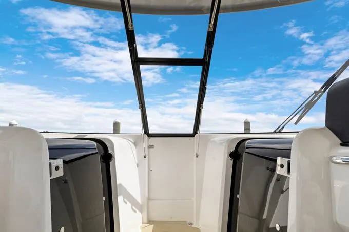 Escape Yacht Photos Pics Aquila 36 Sport 2022 boat interior with open sky view through windshield.