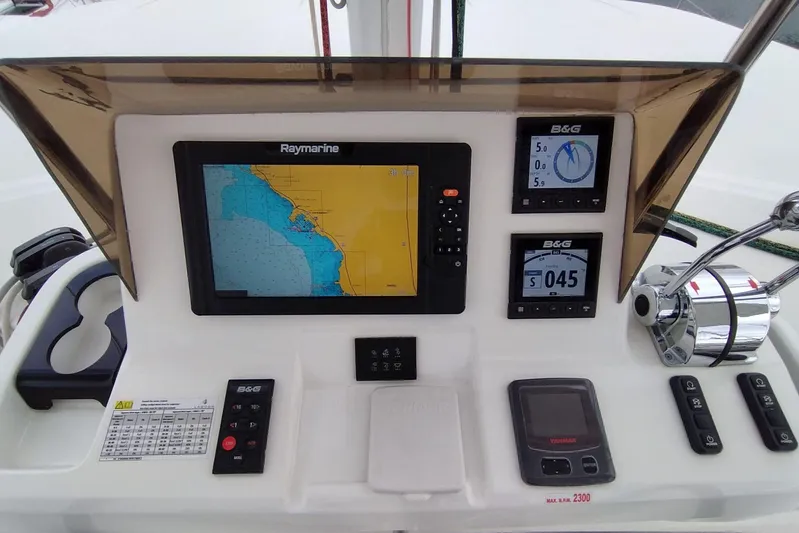  Yacht Photos Pics Lagoon 500 yacht control panel with navigation and monitoring systems, 2022 model.