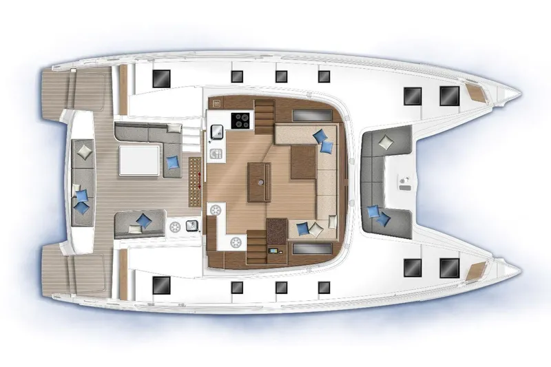  Yacht Photos Pics Top view layout of 2022 Lagoon 500 catamaran, featuring spacious interior and deck areas.