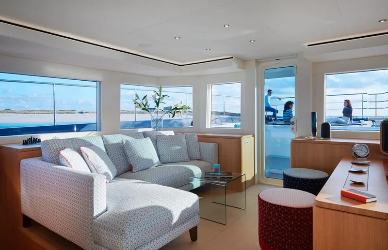 Long Island 78 Yacht Photos Pics Luxurious interior of 2026 JFA Yachts Long Island 78 with modern furnishings and ocean view.