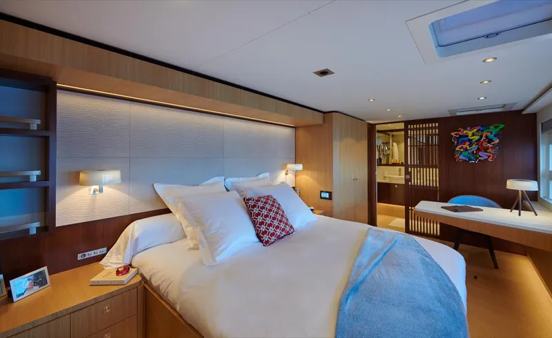 Long Island 78 Yacht Photos Pics Luxurious bedroom interior of 2026 JFA Yachts Long Island 78, featuring modern design and cozy ambiance.
