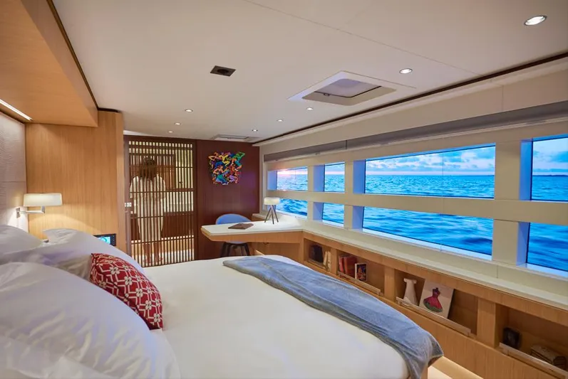 Long Island 78 Yacht Photos Pics Luxurious bedroom interior of 2026 JFA Yachts Long Island 78 with ocean view.