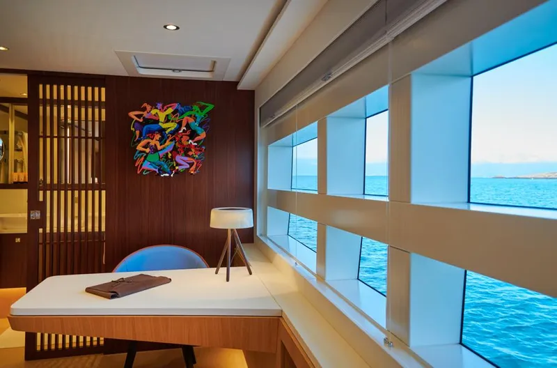 Long Island 78 Yacht Photos Pics Luxurious interior of 2026 JFA Yachts Long Island 78 with ocean view and modern decor.