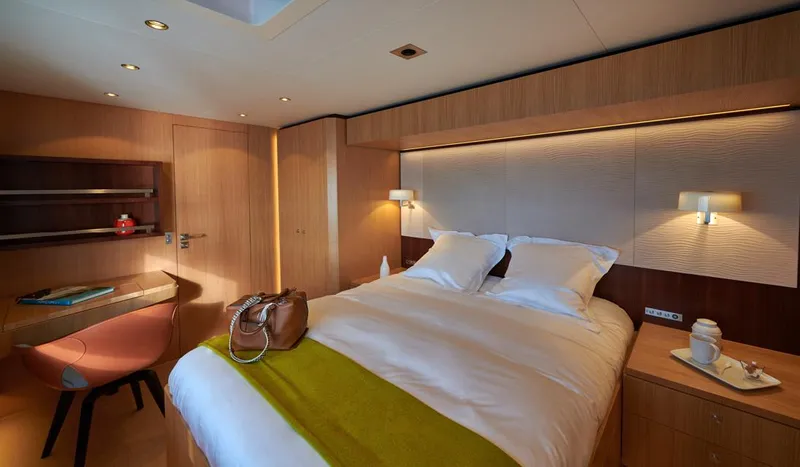 Long Island 78 Yacht Photos Pics Luxurious cabin interior of 2026 JFA Yachts Long Island 78 with modern furnishings.