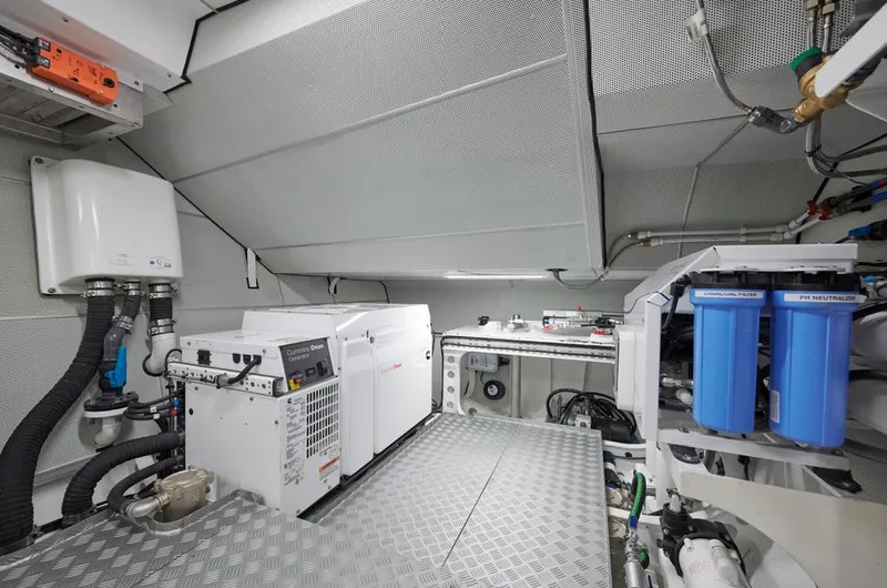 Long Island 78 Yacht Photos Pics Engine room of 2026 JFA Yachts Long Island 78, featuring advanced equipment and filtration systems.