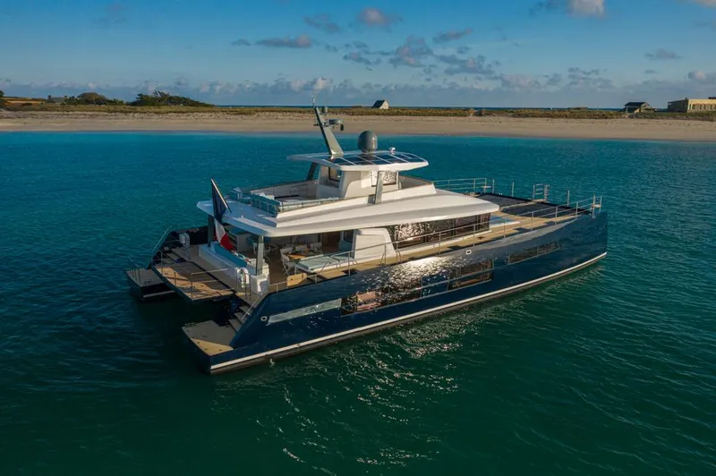 Long Island 78 Yacht Photos Pics Luxury JFA Yachts Long Island 78 catamaran, 2026 model, cruising in serene blue waters.